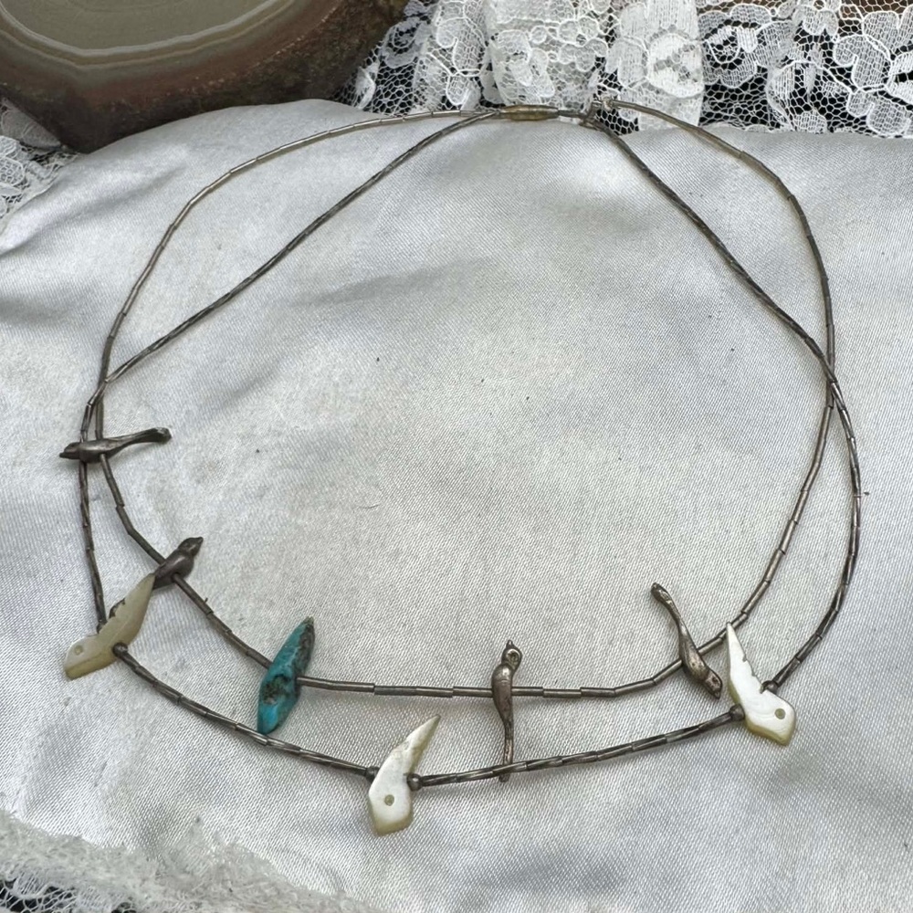 Vintage Native Style Fetish Birds Liquid Silver 2 Necklaces Turquoise MOP Silver